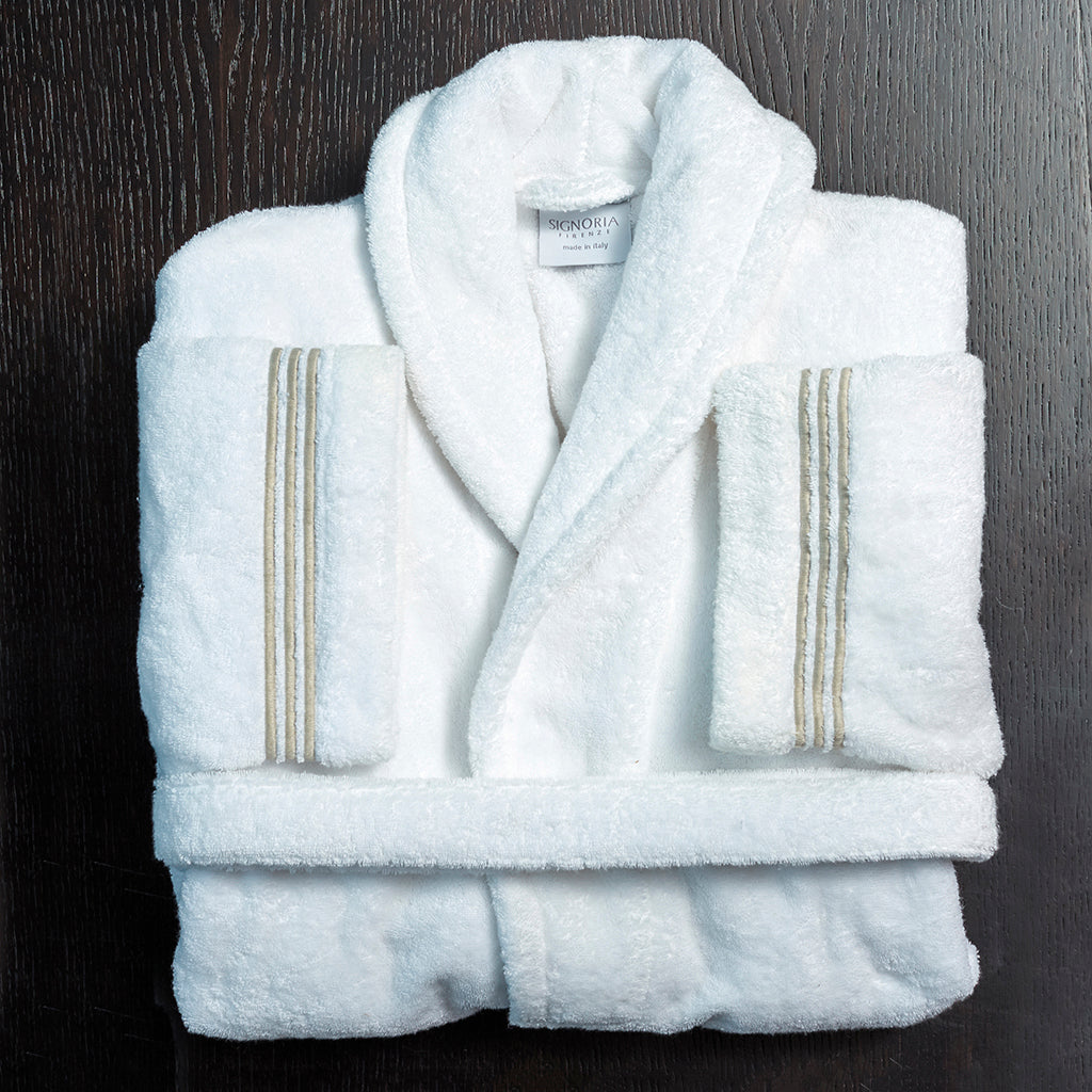 Folded White Robe with Taupe embroidered trim