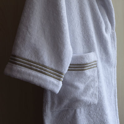 White Robe with Taupe embroidered trim pocket and arm detail