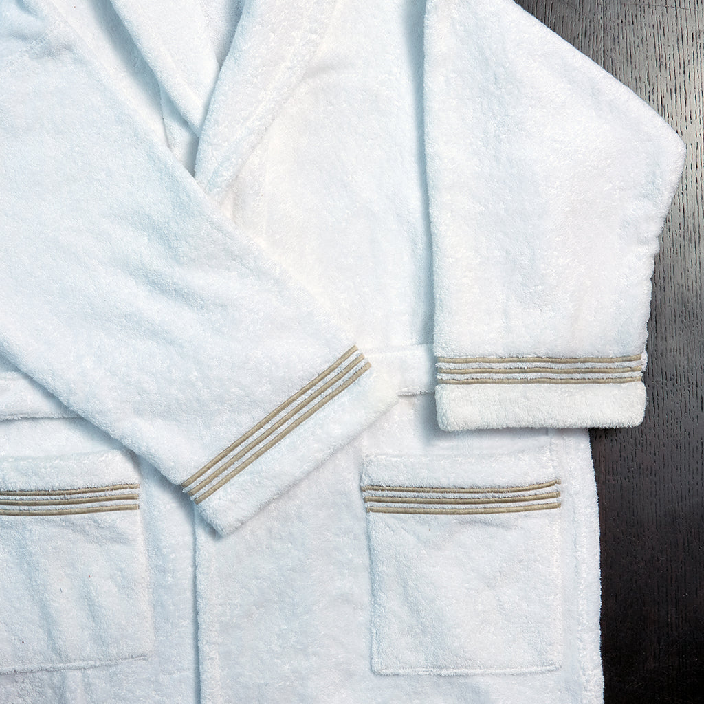White Robe with Taupe embroidered trim detail view