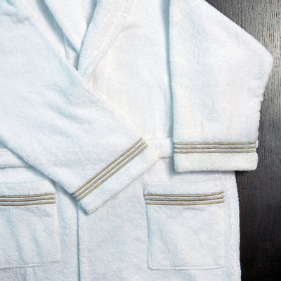White Robe with Taupe embroidered trim detail view