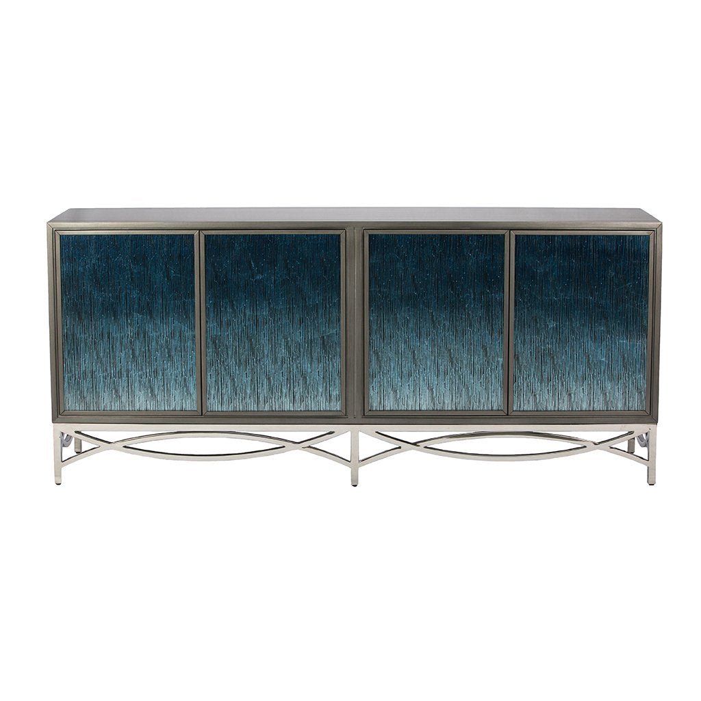 Buffet-Glass Mirrored Door Front Polished Stainless Steel Base