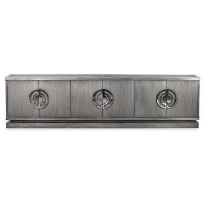 Gray Cabinet with six doors and circular polished chrome circular handles.