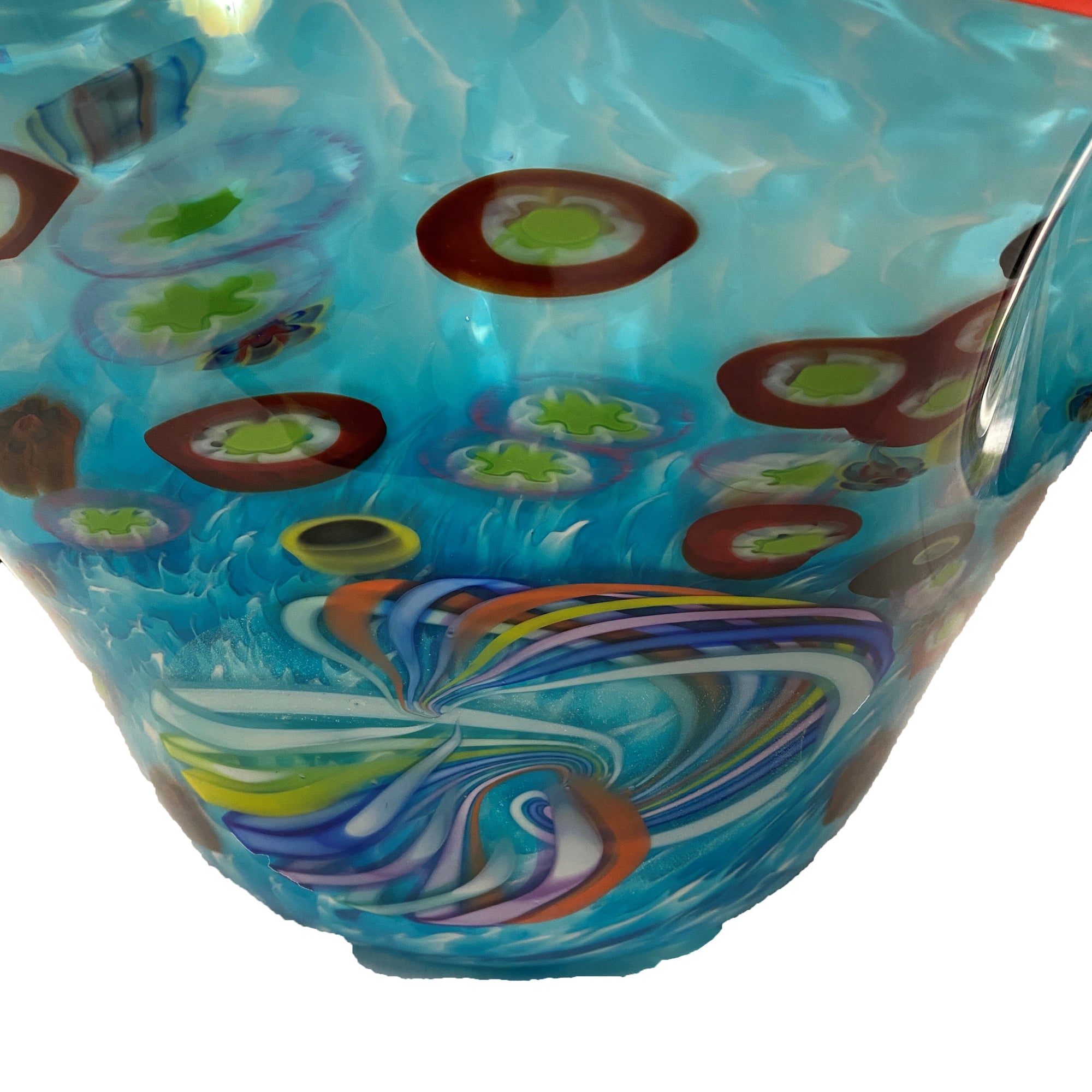 close up detail of Blown Bowl Blue Graphics signed by Artist