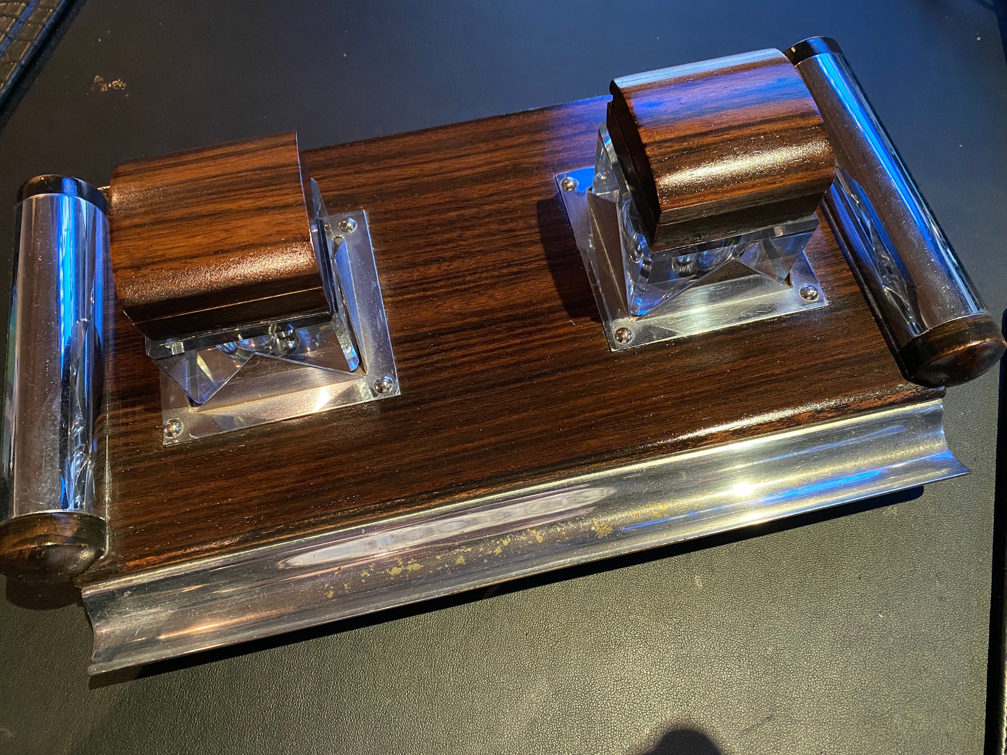 Macassar Ebony Ink Well Desk Set 1930's