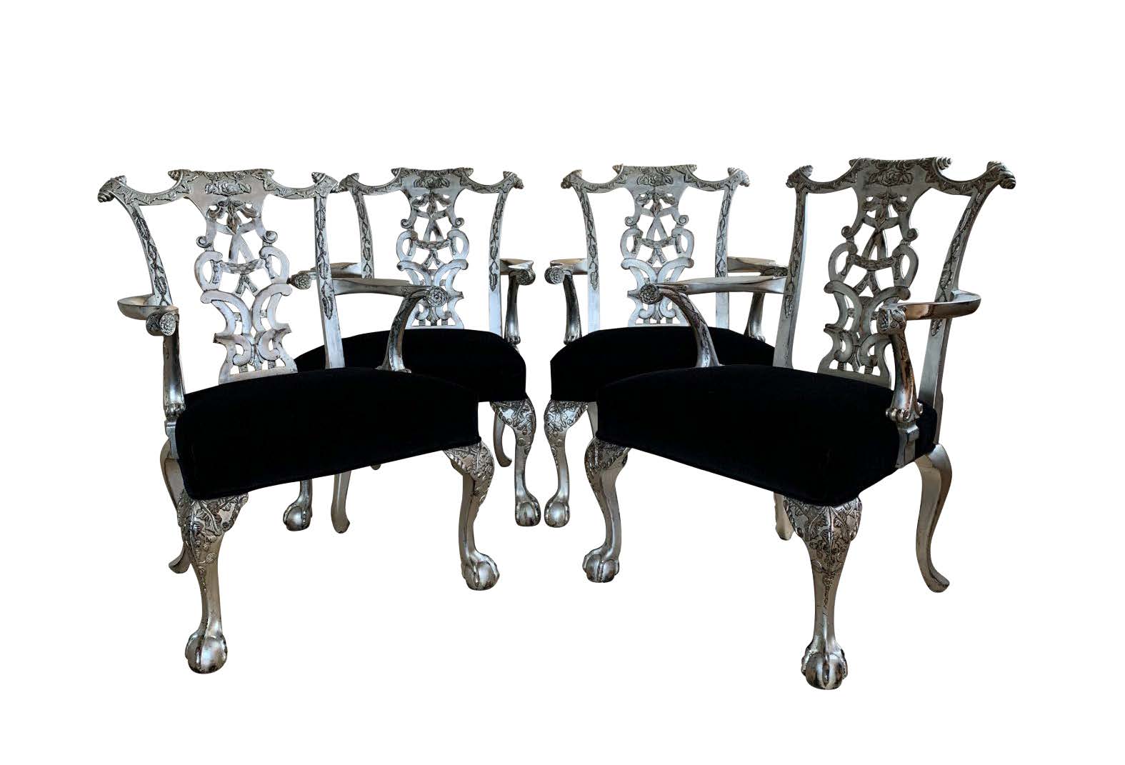 Chippendale Silver Arm Chairs Set of 4