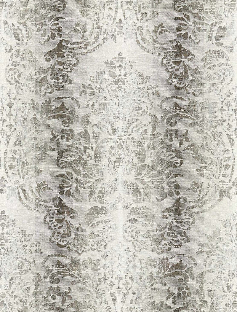 Scalamandre Drapery Panels triple French pleated. Fabric Mansfield Damask Sorrento Linen Damask Color Zinc. Color Oyster white background with a Sepia Toned Woven Grey Tone.   Italian LiScalamandre’  Linen size 70” x 115” length lined