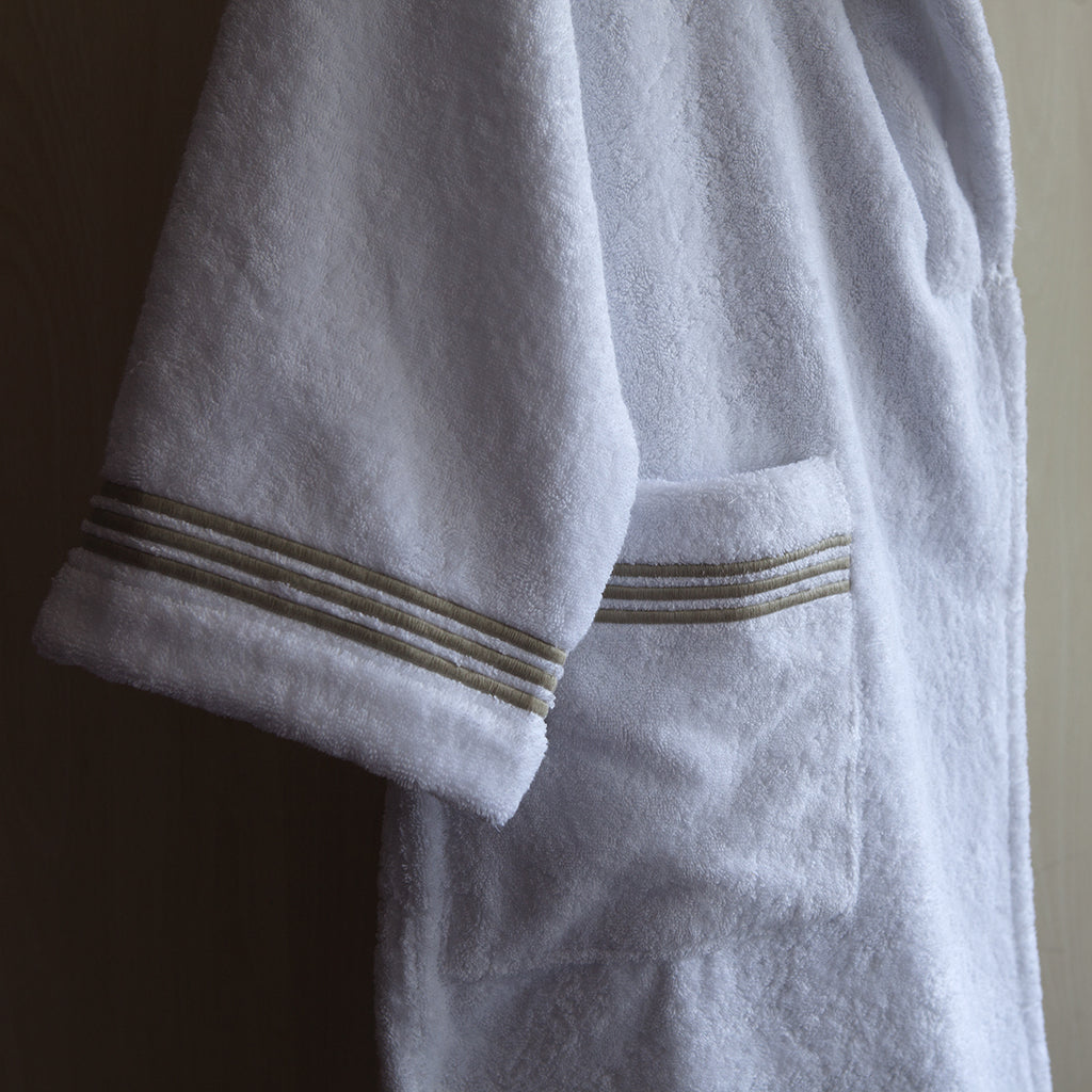 White Robe with Taupe embroidered trim pocket and arm detail