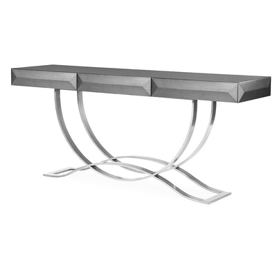 3 drawer gray console with polished stainless steel base
