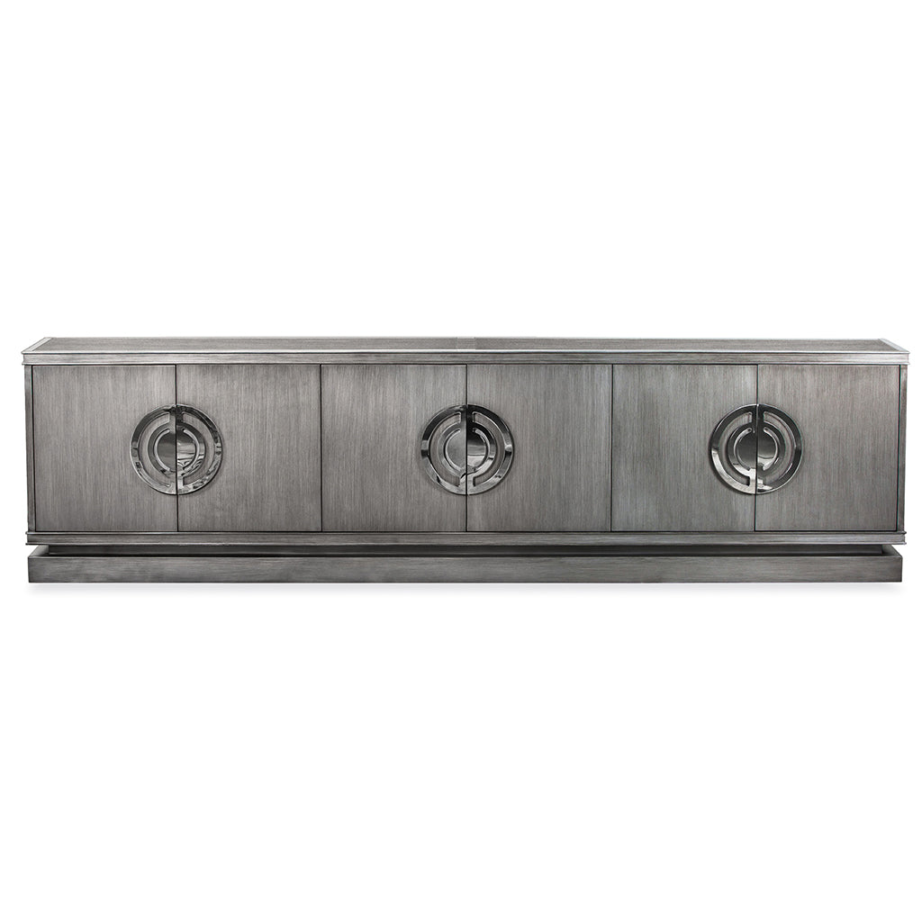 Gray Cabinet with six doors and circular polished chrome circular handles. 