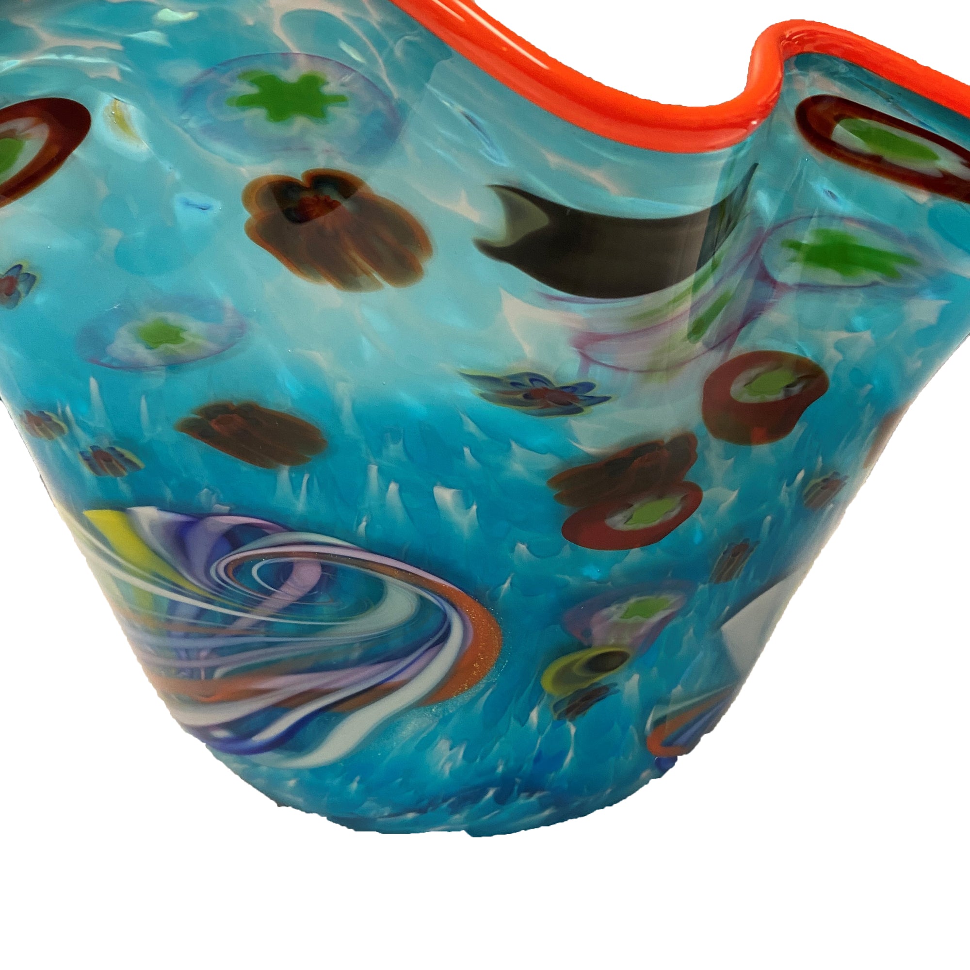 another view of Blown Bowl Blue Graphics signed by Artist