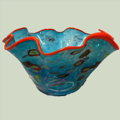 Side view Blown Bowl Blue Graphics signed by Artist