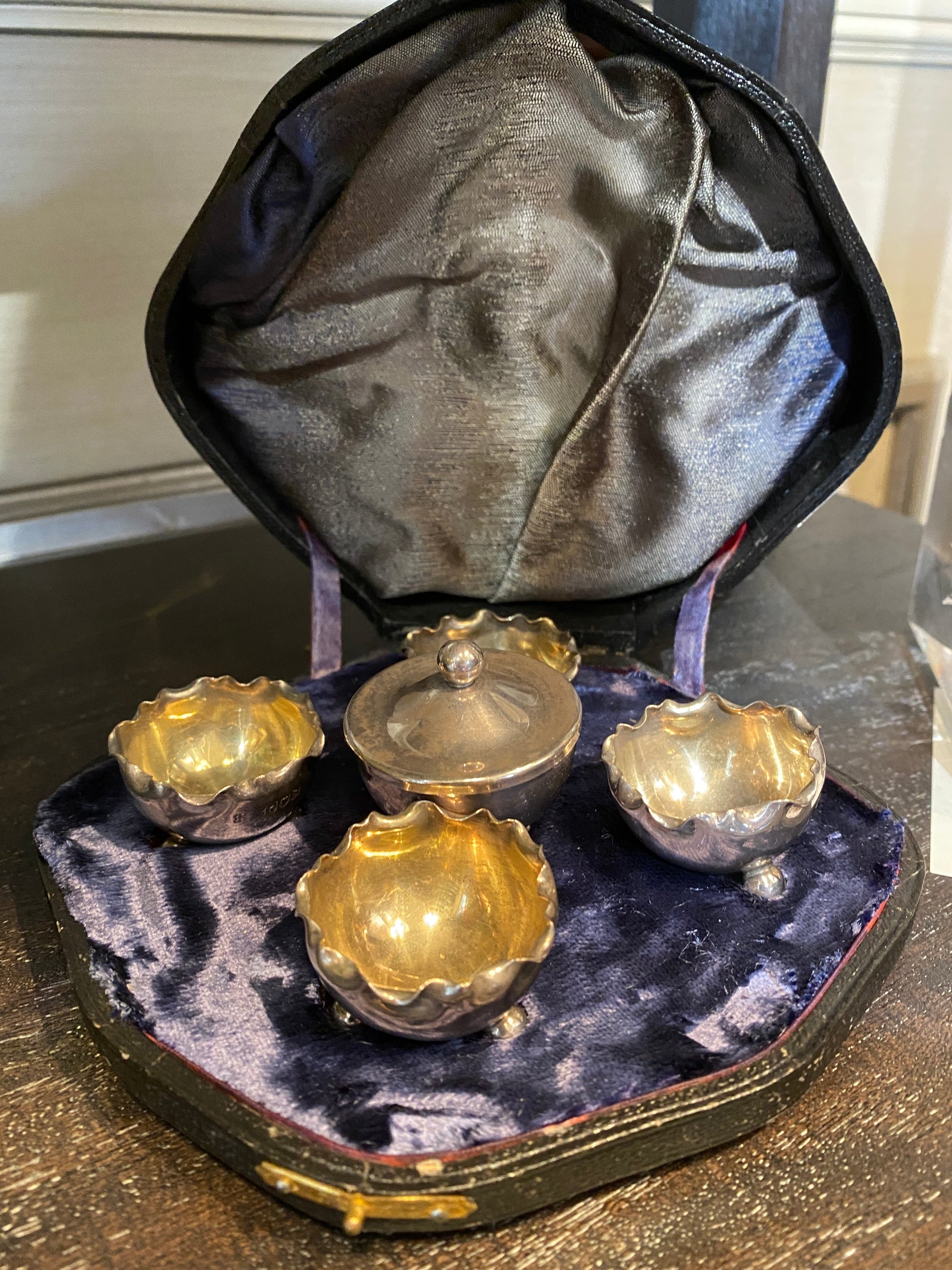 Antique Sterling Silver Salt Cellars and Pepper, Set of 4