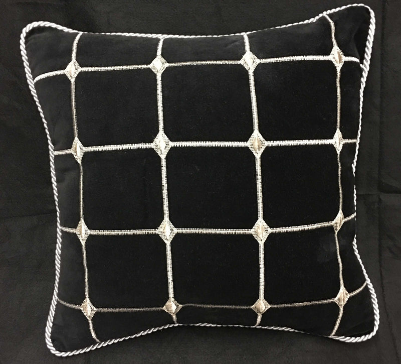 18" Throw Pillow Black Velvet/Silver Grid pattern