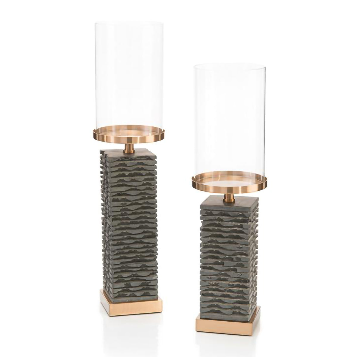 Set of Two Stacked Grey Marble Candleholders