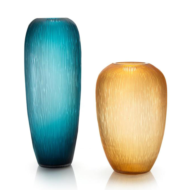 Carved Teal Glass Vase