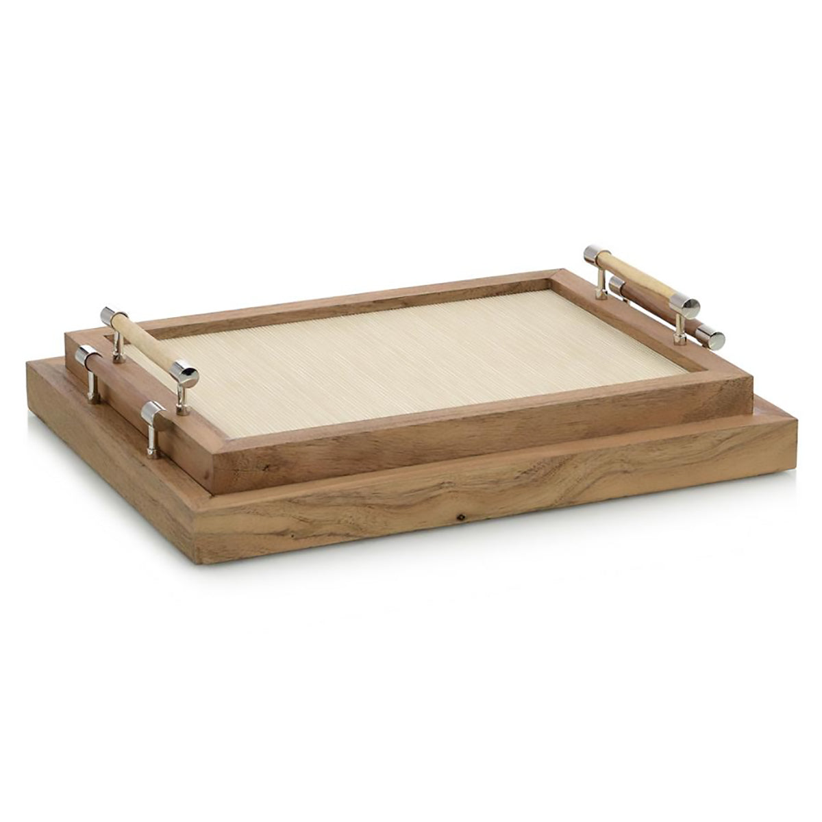 Set of Two White Confetti Leather and Wood Trays