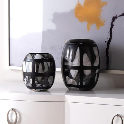 Set of Two Black-and-White Glass Vases