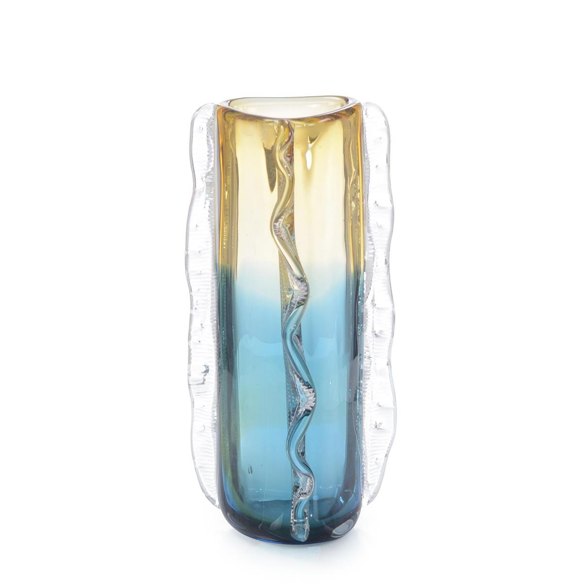 Blue and Yellow Rippled Handblown Glass Vase II