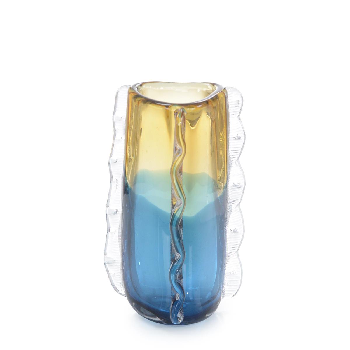 Blue and Yellow Rippled Handblown Glass Vase III