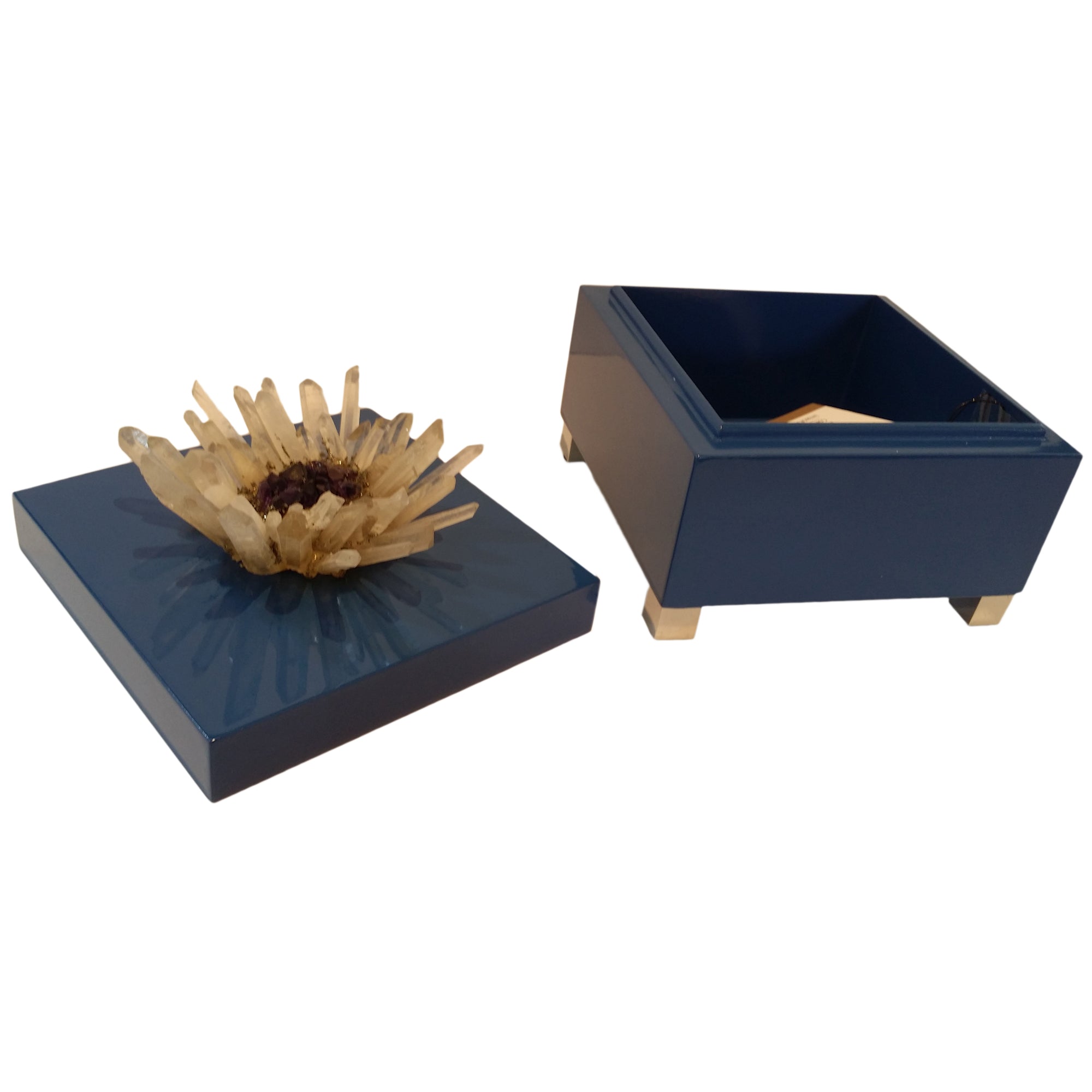 Decorative Box with Quartz Crystal Embellished top Pull. Dimensions: 6" Square