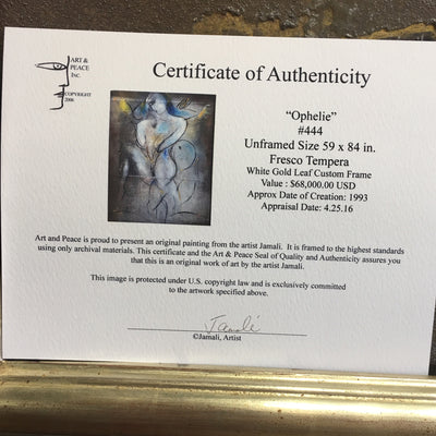 Certificate of Authenticy Original Painting by Jamali Fresco Tempura Ophelie