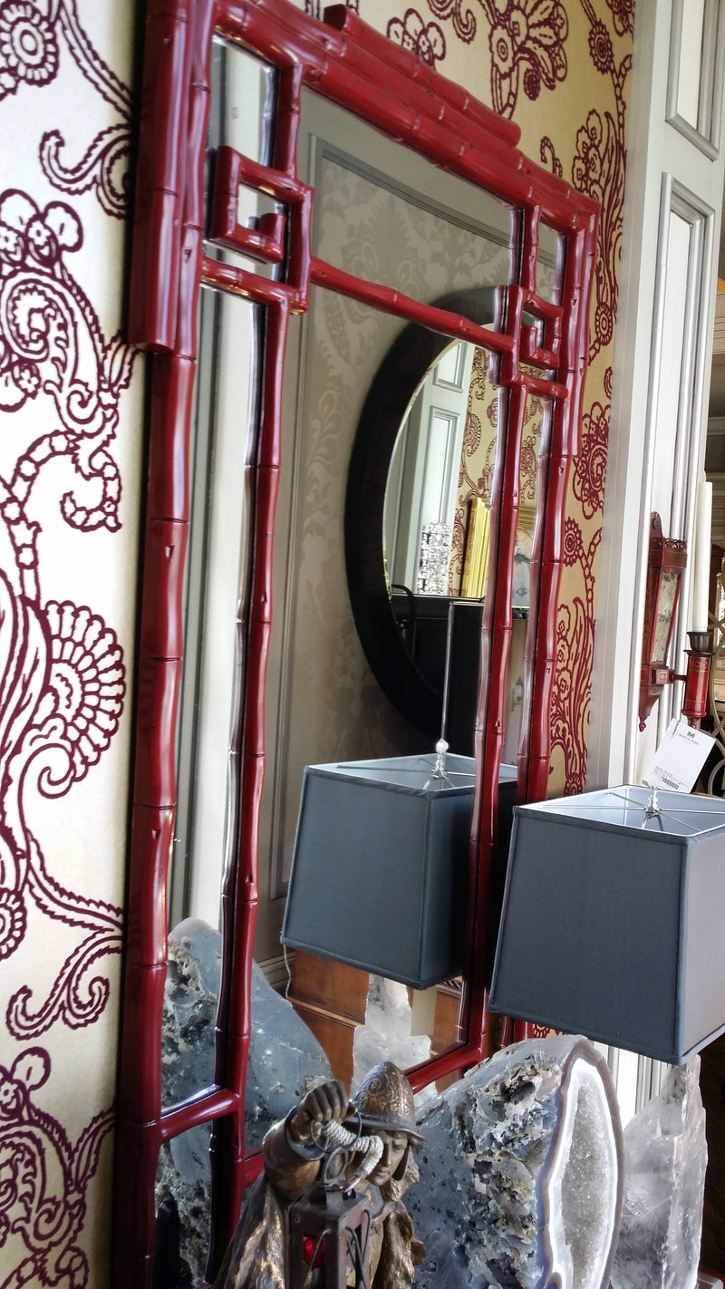 Wall Mirror "Oxbow Red" Greek Key Bamboo Detail. 