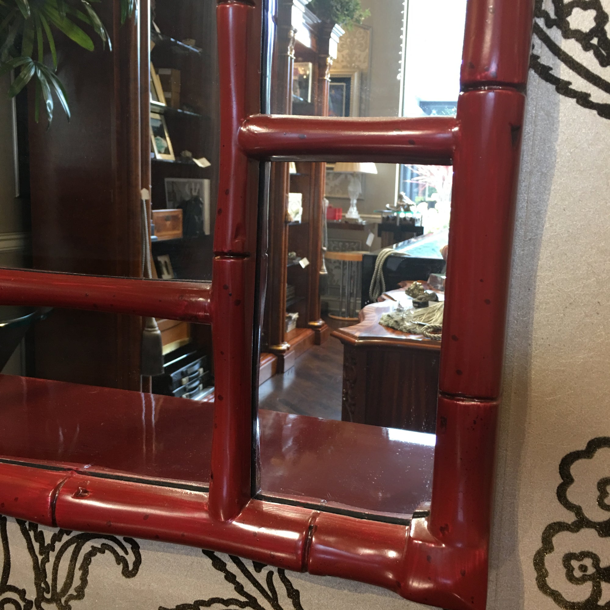 Wall Mirror "Oxbow Red" Greek Key Bamboo Detail