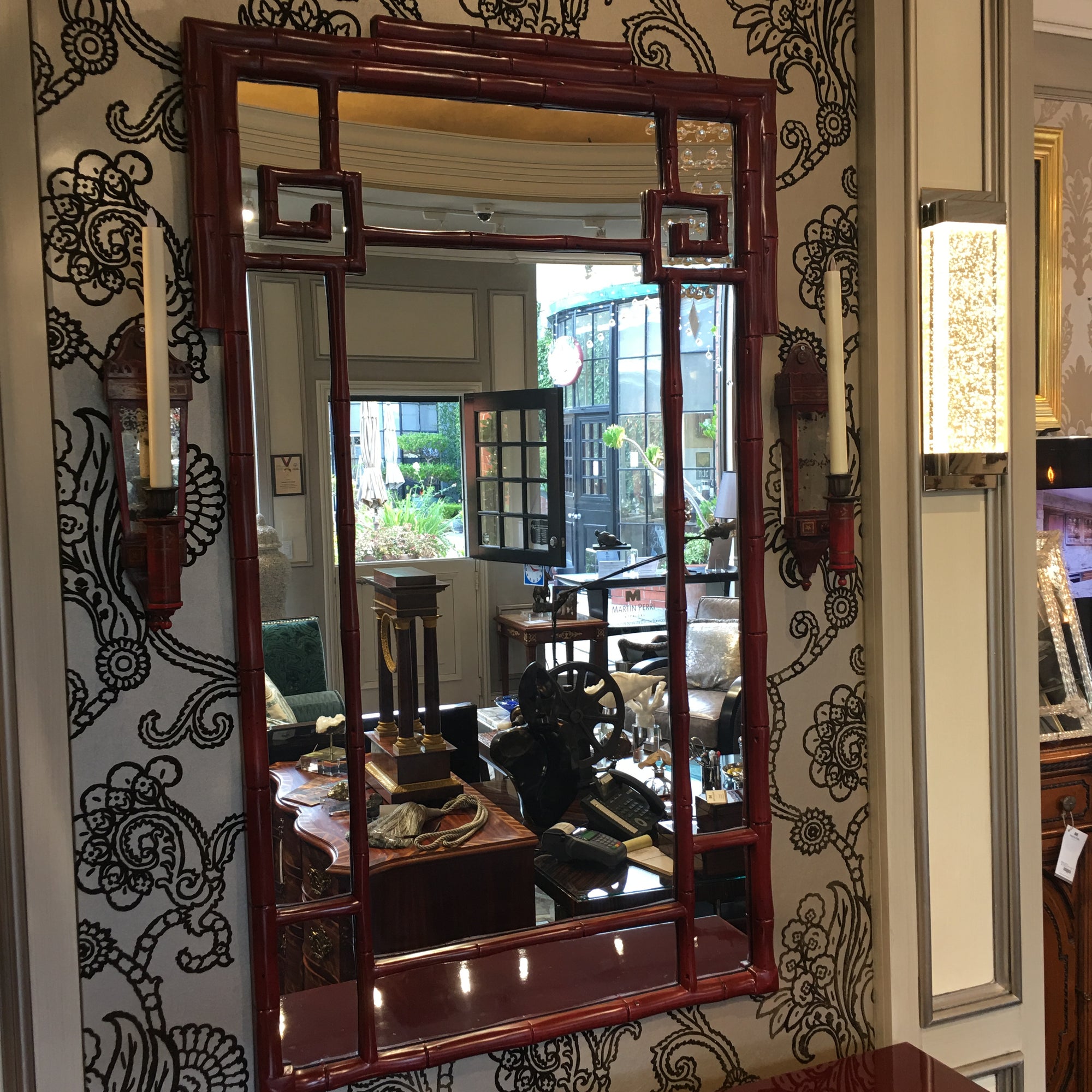 Wall Mirror "Oxbow Red" Greek Key Bamboo Detail. 
