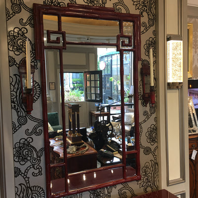Wall Mirror "Oxbow Red" Greek Key Bamboo Detail.