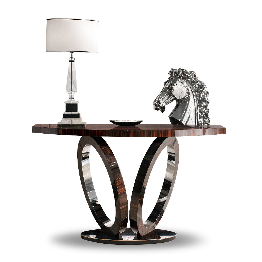 Elliptical Console High Gloss Macassar Ebony with Polished Stainless Steel, Martin Perri Interiors