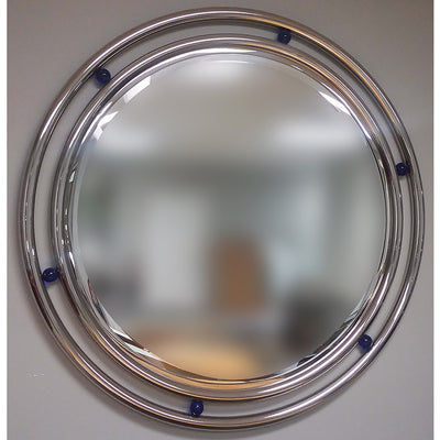 brueton stainless steel round mirror with blue balls in frame