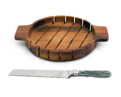 Round Bread Board With Pewter Wheat Knife