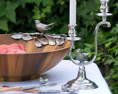 Two Taper Pewter Song Bird Candelabra