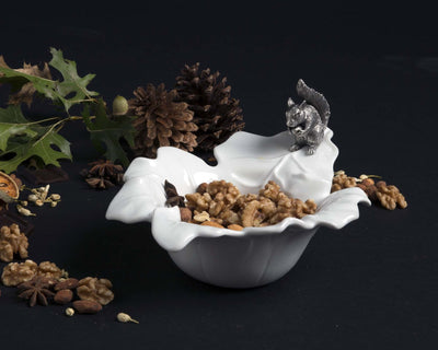 Bowl With Pewter Squirrel Fine Porcelain Leaf