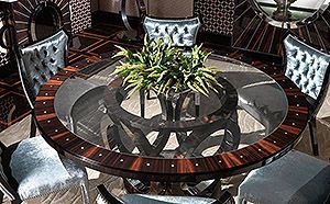 Macassar Ebony Dining Table with Elliptical Base 70" Diameter, Maritn Perri Interiors Los Angeles, New York, San Francisco, Carmel