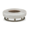 round leather ottoman with glass insert in middle.